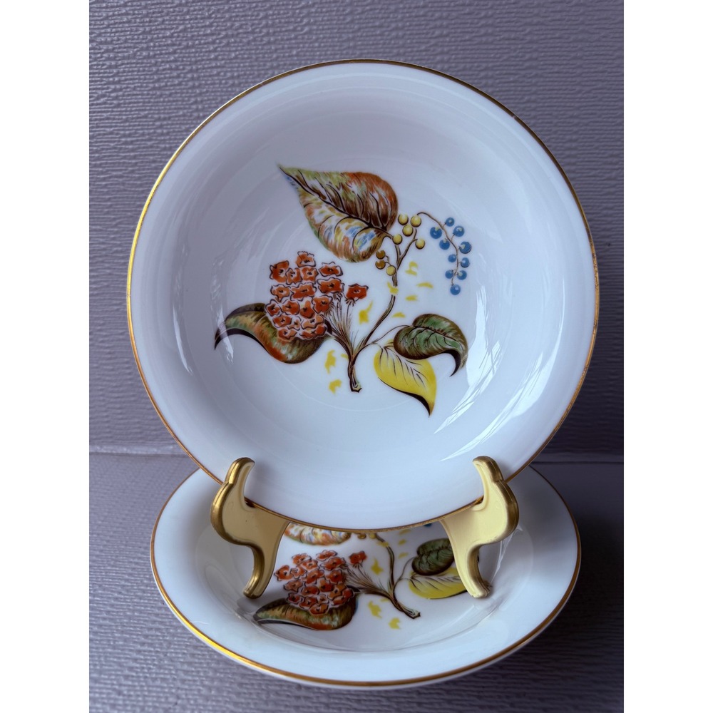 Noritake China Vintage Botanical Fruit & Leaves Gold Rim Bowls Set of 2 Japan